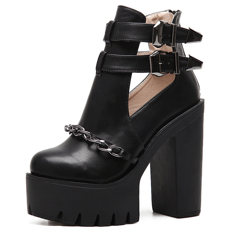 Women's Chain Hollow Booties Belt Buckle Chunky High Women's Leather Boots