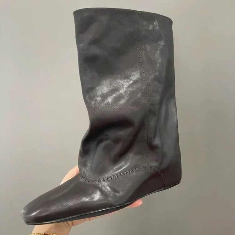 Women's Ruffle Square Head Height Increasing Insole Women's Leather Boots