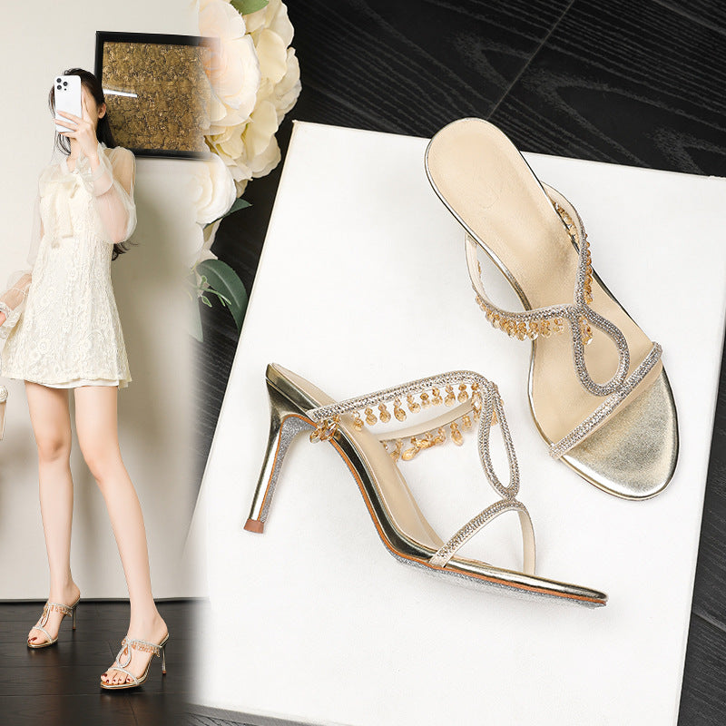 French Style Strap Pendant Rhinestone Ribbon Champagne Fairy Summer Slippers