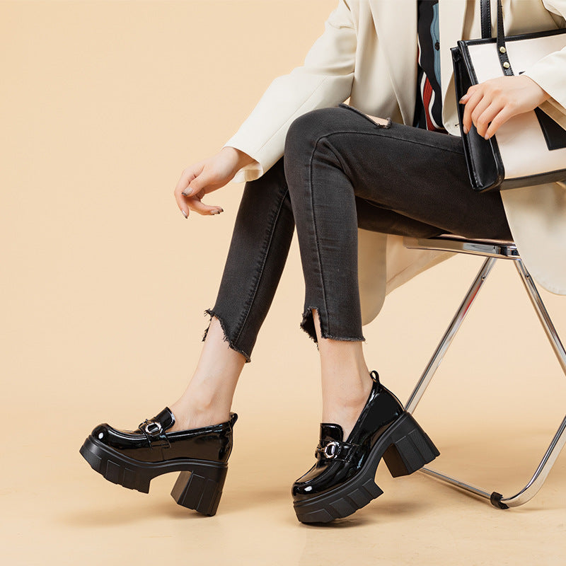Women's Black Autumn Chunky Commuter Platform Height Increasing Loafers