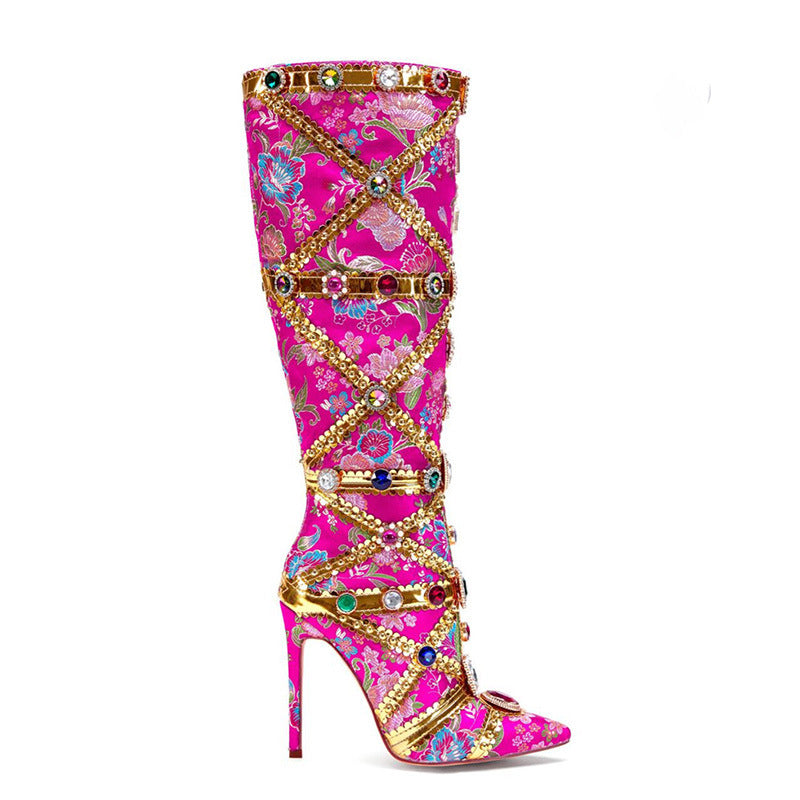 Toe Stiletto Side Zipper Heavy Handmade Rhinestone Embroidery Fashion Plus Women's Leather Boots