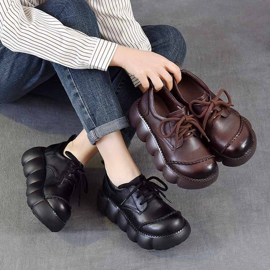 Round Toe Vintage British Style Thick Bottom First Layer Cowhide Women's Casual Shoes