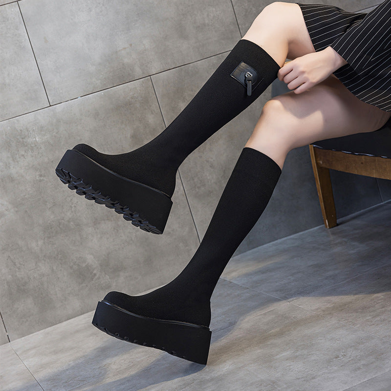 Women's Retro Knitted Stretch Length Sock Booties Thick Bottom Increased High Women's Leather Boots