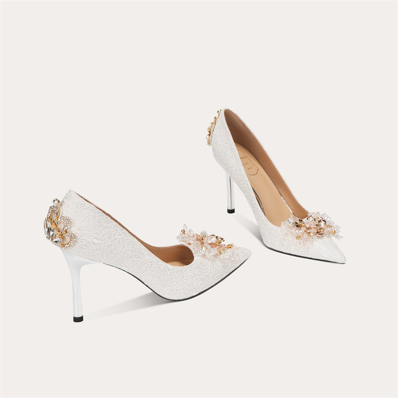 Rhinestone High-heeled French Style Temperament Bridal High Lace Daily Women's Fashion Shoes