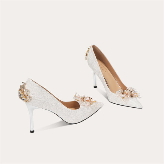 Rhinestone High-heeled French Style Temperament Bridal High Lace Daily Women's Fashion Shoes