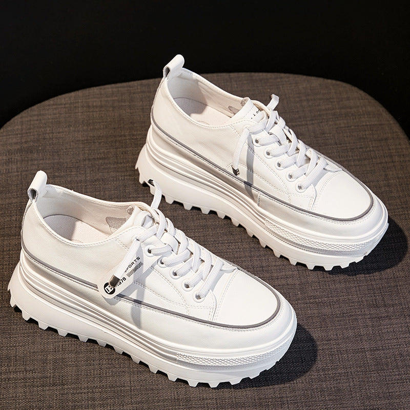 Women's Cowhide Low-cut White Thick Bottom Increased Spring Lightweight Exercise Casual Shoes