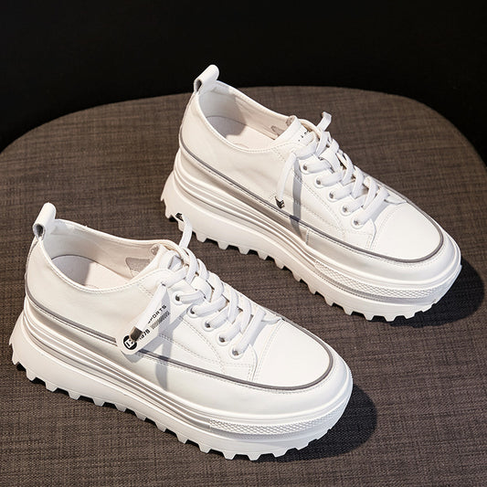 Women's Cowhide Low-cut White Thick Bottom Increased Spring Lightweight Exercise Casual Shoes