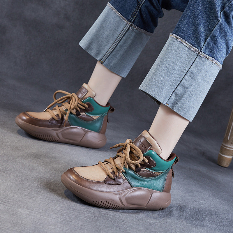 Women's Lace Color Block Thick-soled Mother Top Layer Cowhide Soft Snow Boots