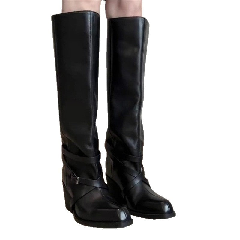 Women's Version Below The Knee Tall Knight Belt Buckle Black Women's Leather Boots