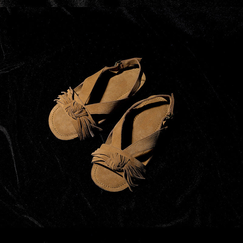 Style First Layer Frosted Cow Suede Handmade Knot Tassel Bottom Flat Sandals