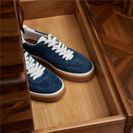 Men's Genuine Lace Color Block Flat White Sneakers