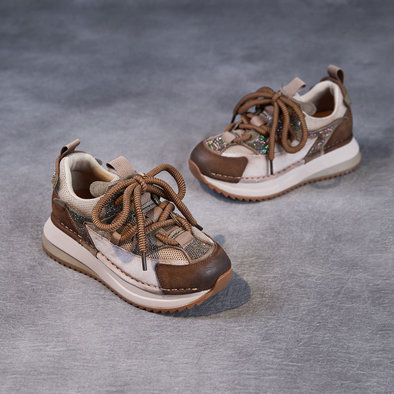 Women's Beautiful Natural Color Genuine Retro Dad Platform Hot Drilling Sneakers