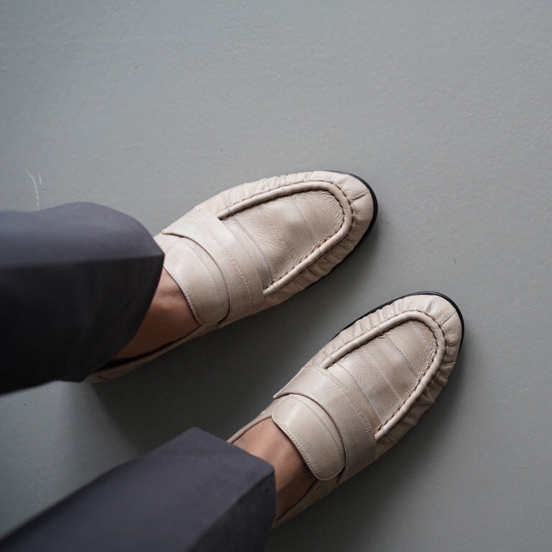 Women's Eel Skin Vintage Crumpled Low-cut Flat Pumps Commuter Small Loafers