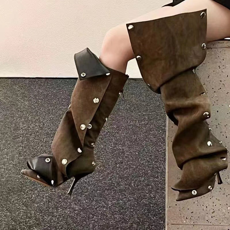 Women's High Metal Rivet Denim Stitching Two-way Pile Style Knee-length Large Women's Leather Boots
