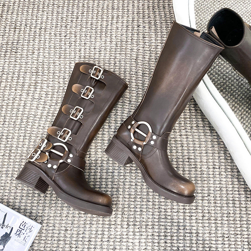 High Version Polished Genuine Knee-high Square Head Sleeve Boots