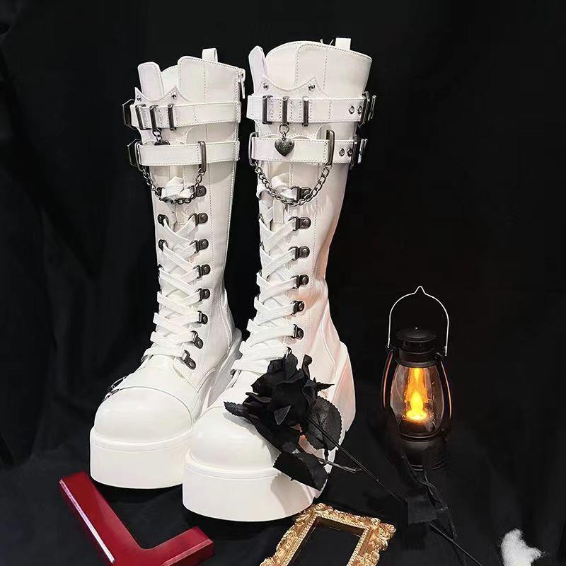 Women's Thick Bottom Fashion Buckle Wedge Punk Style Hot Women's Leather Boots