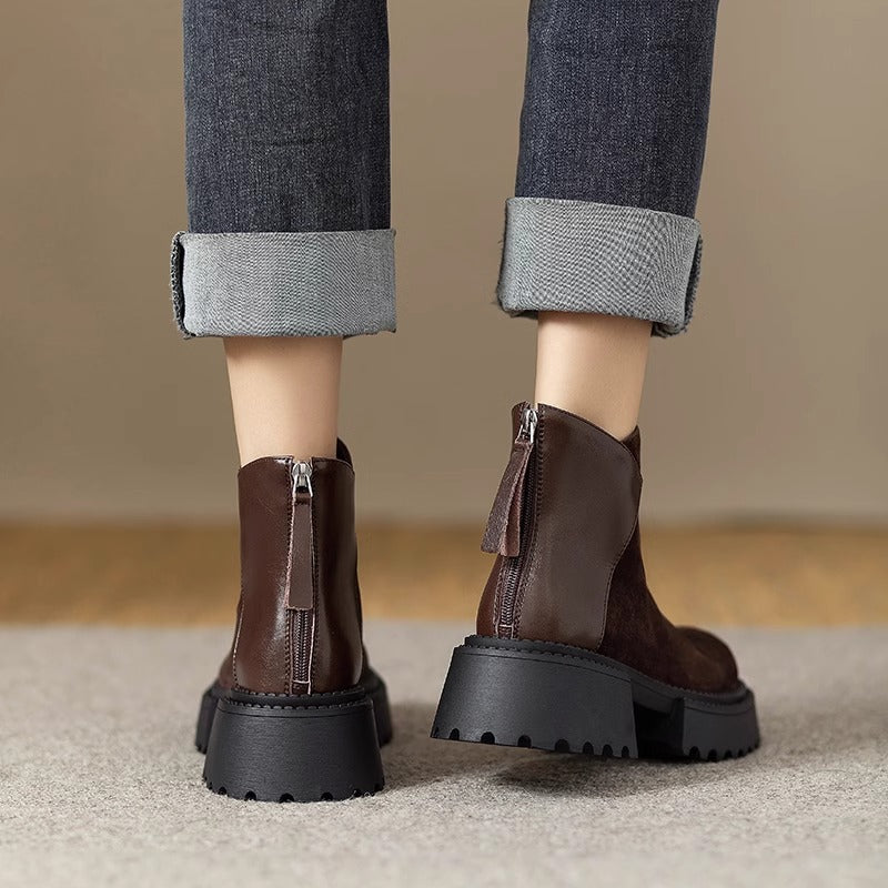 Women's Retro Round Head Genuine Platform Ankle Frosted Elevator Wild Women's Leather Boots