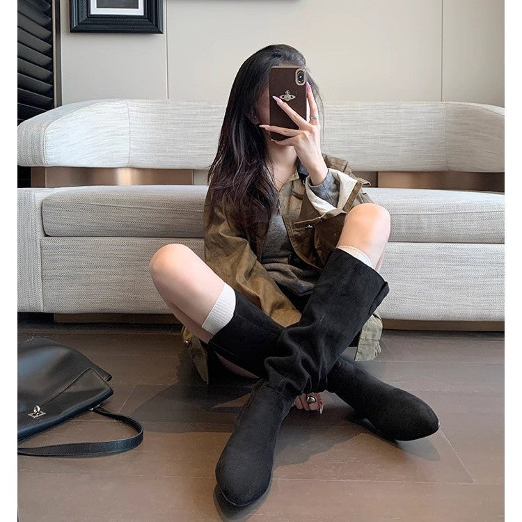 Women's Cut Pointed Toe Suede Height Increasing Insole Chunky Tall Women's Leather Boots
