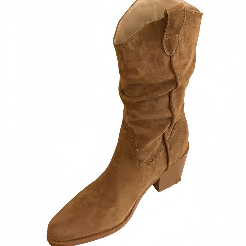 Chunky French Retro Pointed Western Cowboy Ankle Boots