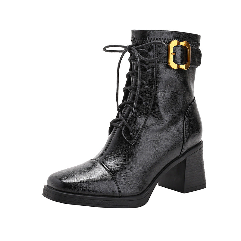 Women's Retro Style Booties High Platform Soft Martin Thick Gold Women's Leather Boots