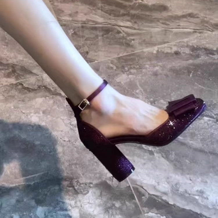 Grape Mom Bowknot Closed Toe Female Square Hollow Strap Buckle High Heeled Sandals