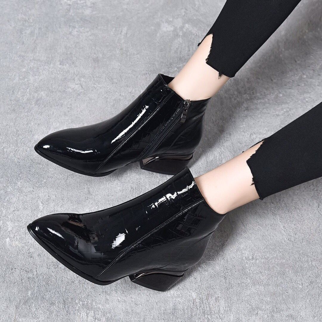 Women's Short Patent Cowhide Single Low Martin British Women's Leather Boots