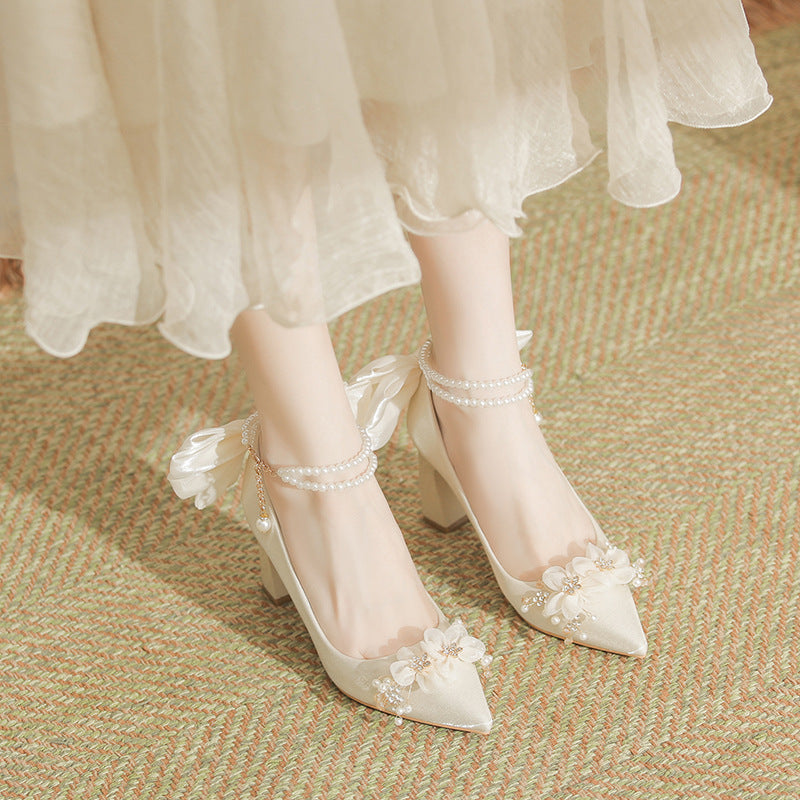 Women's Pointed High Thick Bowknot Wedding With Strap Pearl Grace Women's Fashion Shoes