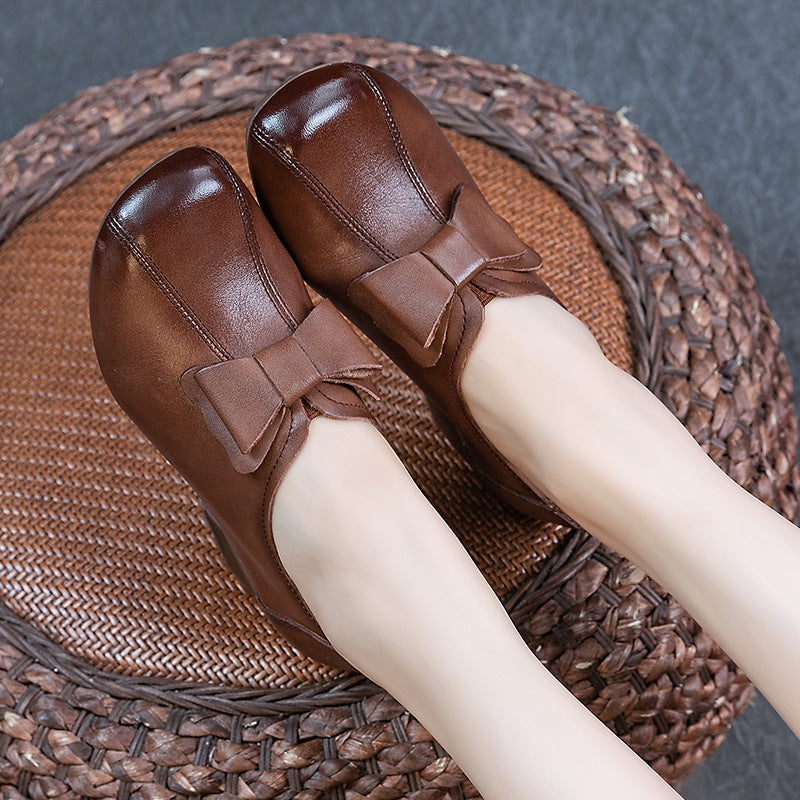 Women's Autumn Thick Soft Bottom Top Layer Cowhide Bow Casual Shoes