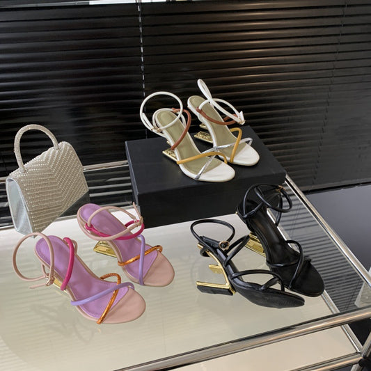 Women's Abnormal Shape Color Cross Strap Matching High Heeled Sandals