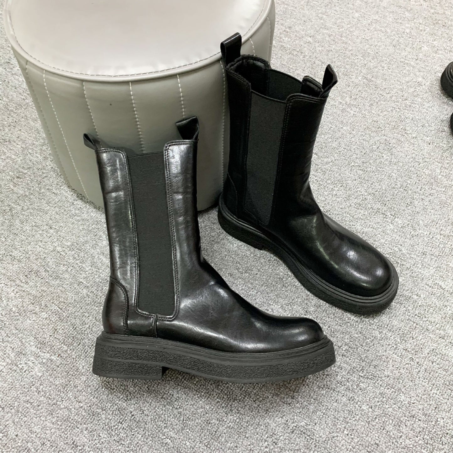 Hair Grape Mom Retro Round Head Chunky Thick Bottom Chelsea Women's Leather Boots