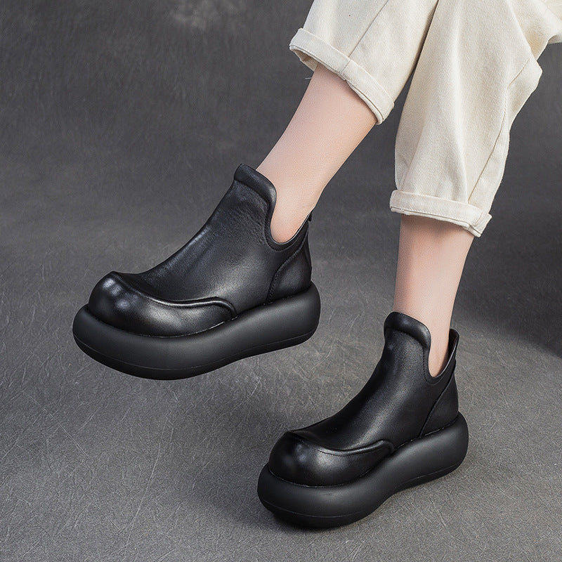Women's Cowhide Retro Height Increasing Single-layer Ankle Design Women's Shoes