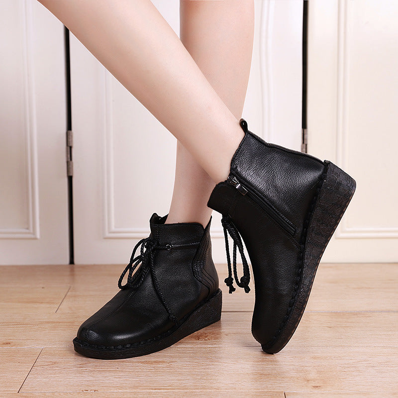 Women's Wedge Side Zipper Round Toe Vintage Height Leather Shoes