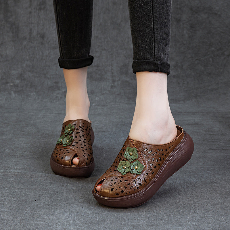 Women's Summer Thick Bottom Peep Toe Hollow Breathable Ethnic Style Flower Women's Shoes