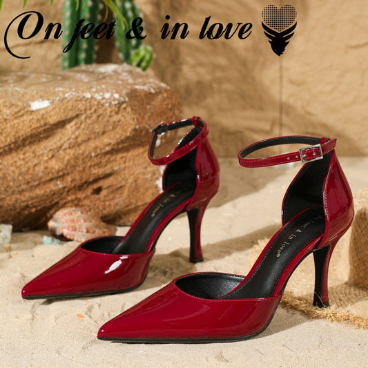 Women's Summer Buckle Wine Red Hollowed Fashion Heels