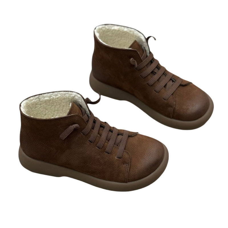 Women's Flat Bottom Elastic Slip-on Fleece-lined Warm Cowhide Women's Cotton Shoes