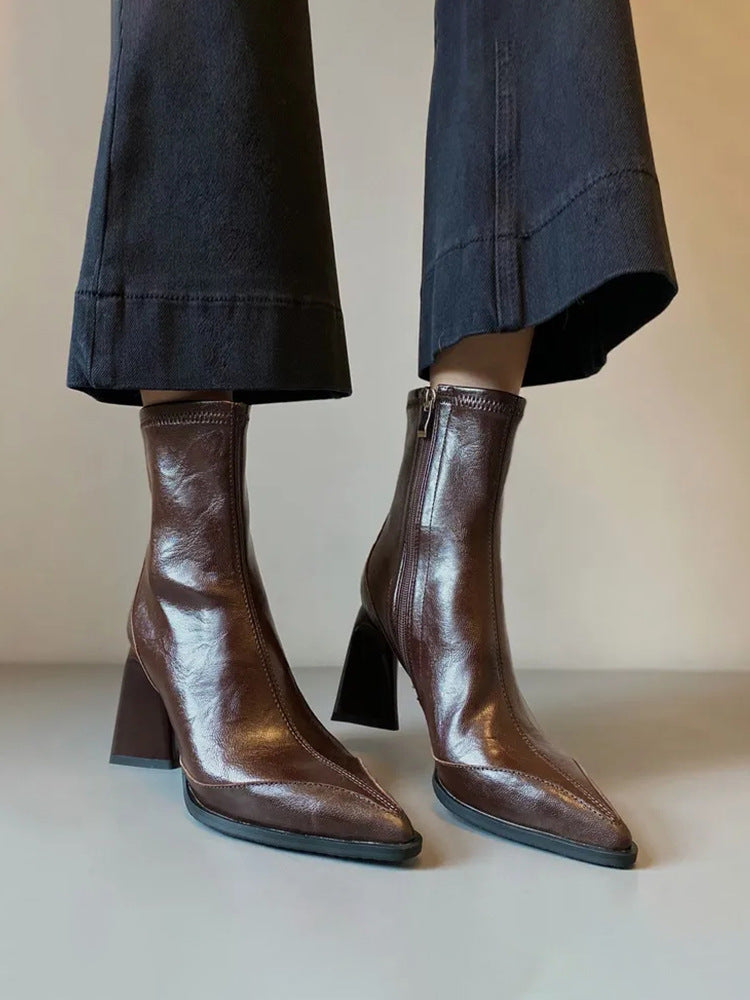 Women's French Style Skinny High Martin Temperament Short Women's Leather Boots