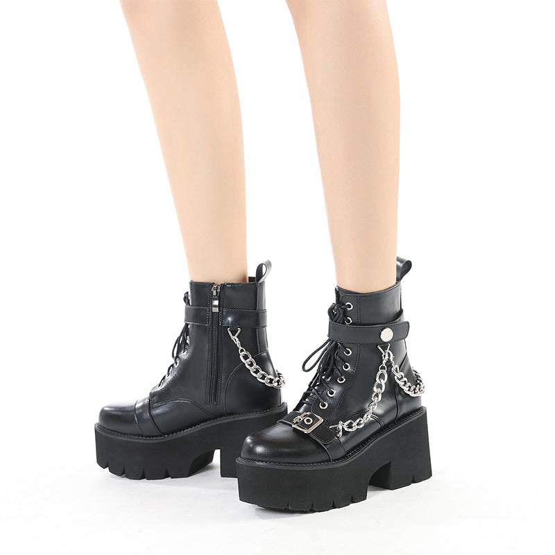 Women's Punk Motorcycle Metal Belt Buckle Front Chunky Booties Women's Leather Boots