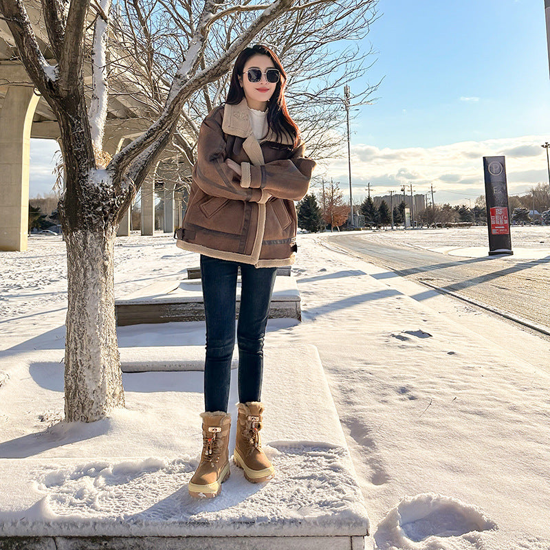 Women's Winter Fur Integrated Wool Fleece Lined Warm Snow Boots