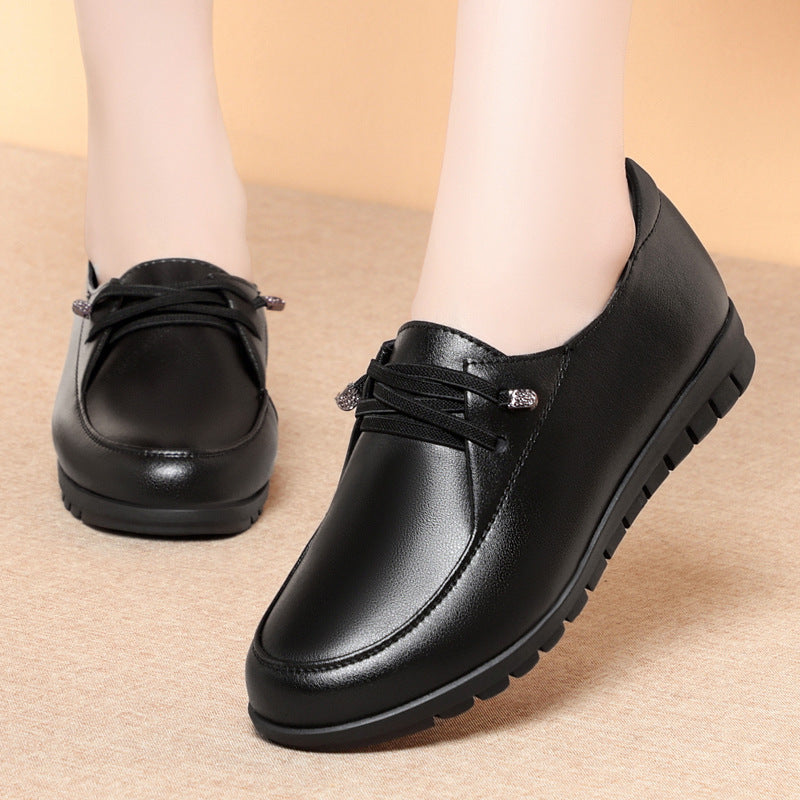 Mom Pumps Large Size Flat Bottom Leather Shoes