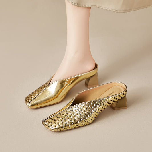 Women's Wear Closed Toe Outer Summer Woven Square Low Flat Chunky Heels