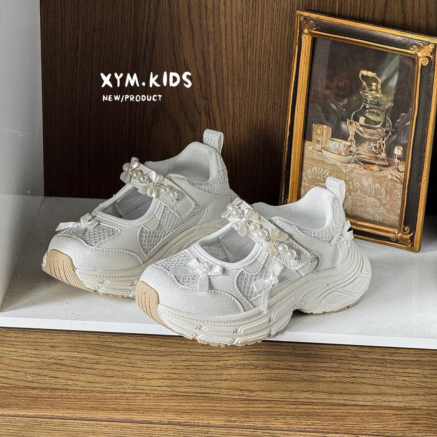 Children's Spring Korean Pearl Bow Lightweight Breathable Children's Sports Shoes