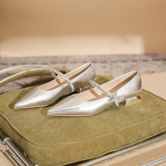 Women's Chunky Flat Pointed Toe Rhinestone Bow Women's Fashion Shoes