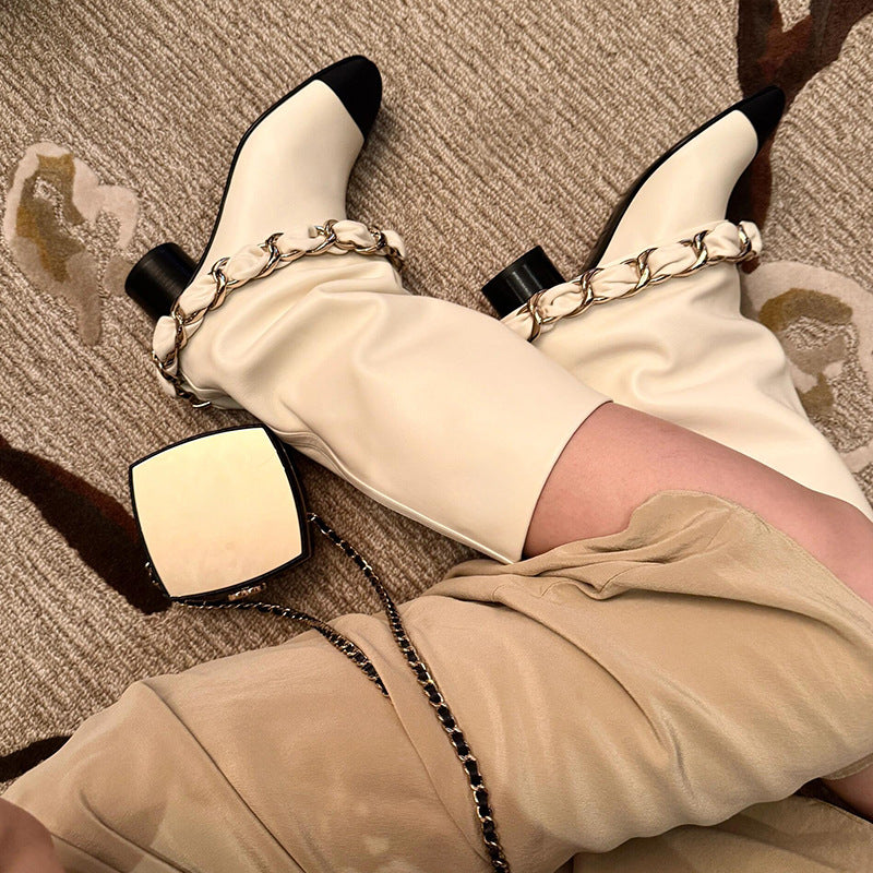 Women's Round Toe Pantyhose Fashion High Metal Chain Straight Slimming Women's Leather Boots