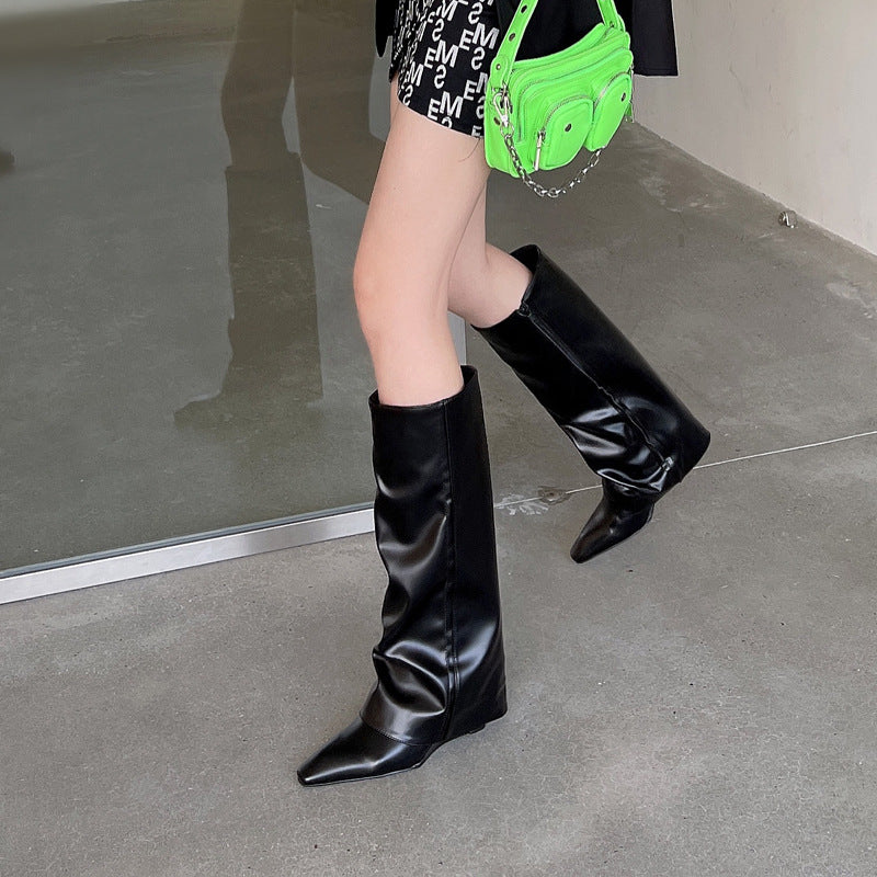 Fashion Pointed Toe Below The Knee Long Side Zipper High Women's Leather Boots