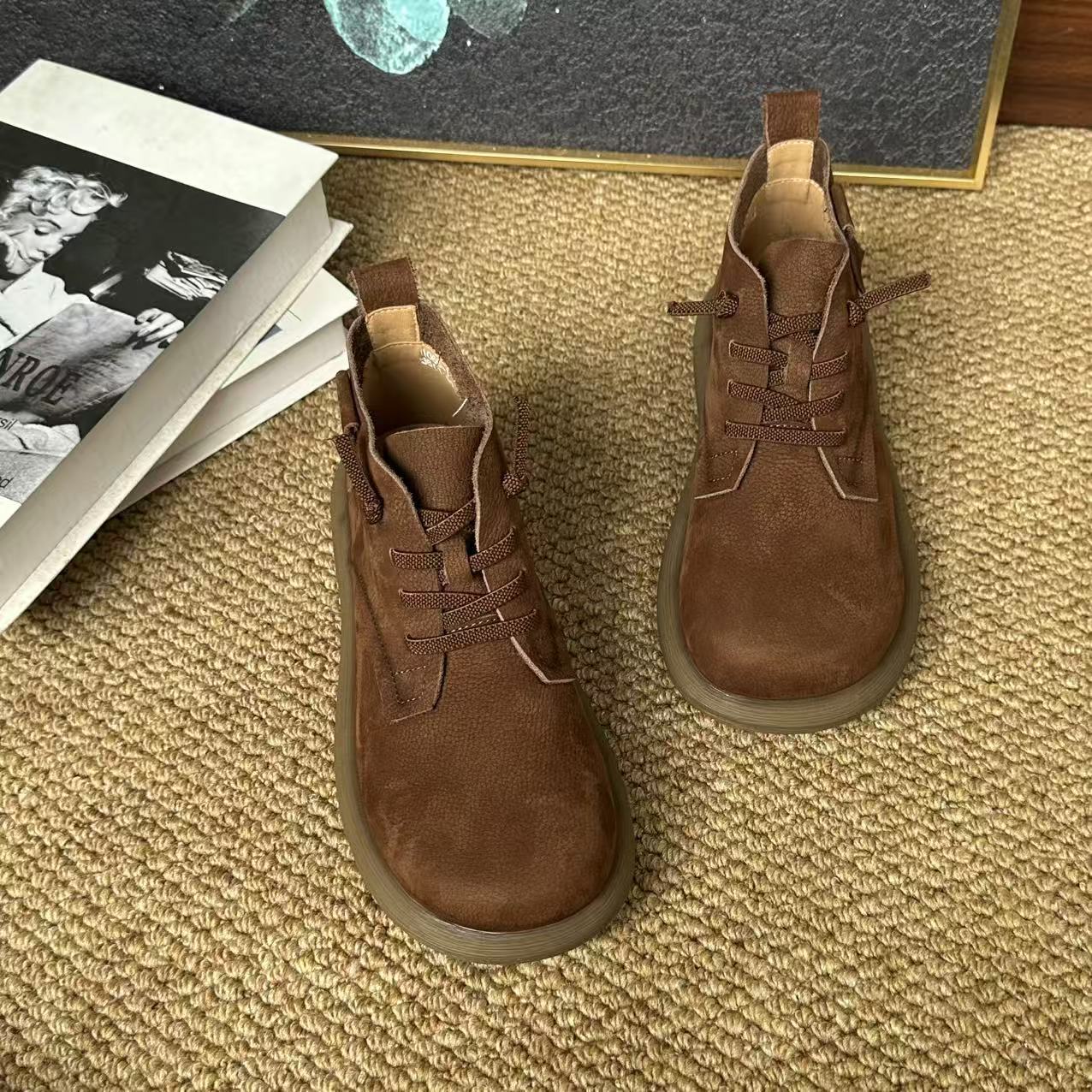 Layer Cowhide Retro Ankle Cotton Linen Style Genuine Round Toe Boots