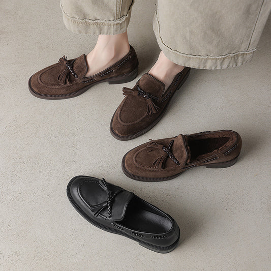 Women's Autumn Tassel Slip-on Chunky Low Deep Mouth Pumps Men's Shoes
