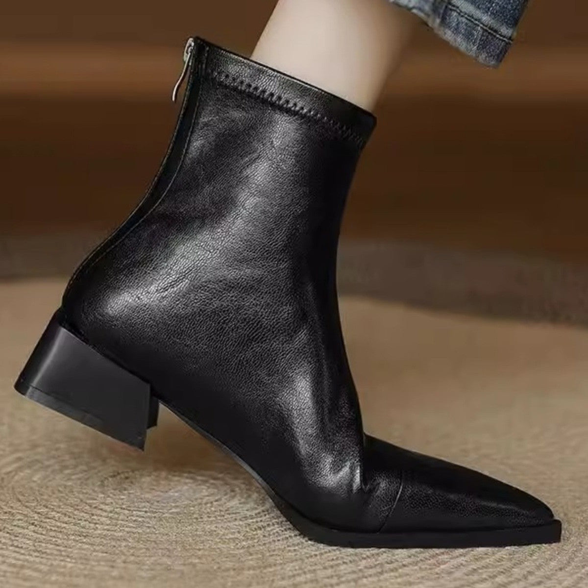 Women's Fleece Single Chunky High Square Toe Booties Martin Back Zip Heels