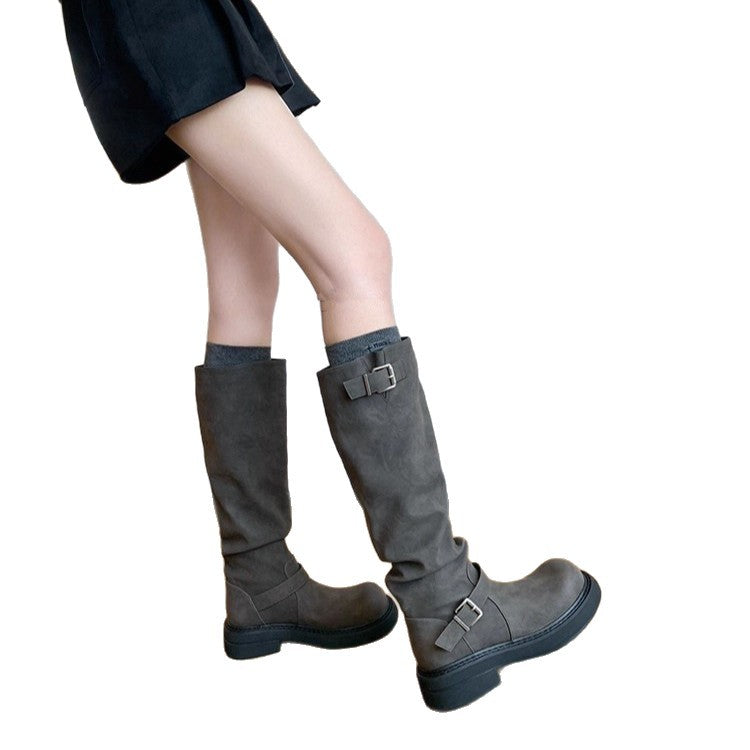Women's Increasing Two Kinds Of Sock Length Retro Round Head Chunky Women's Leather Boots
