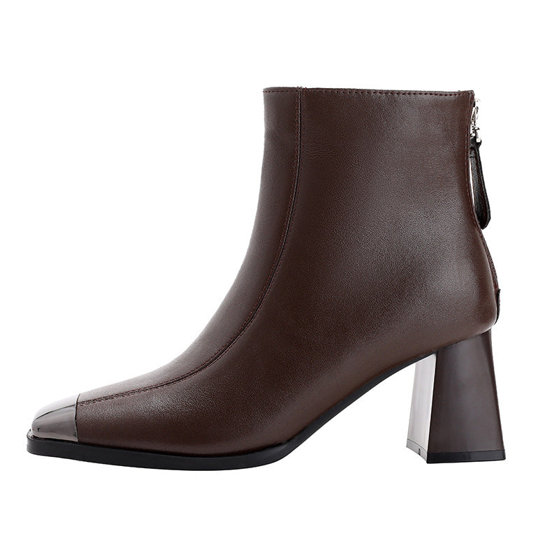 Women's Back Zipper Chunky Fashion Martin Style Metal Square Women's Leather Boots