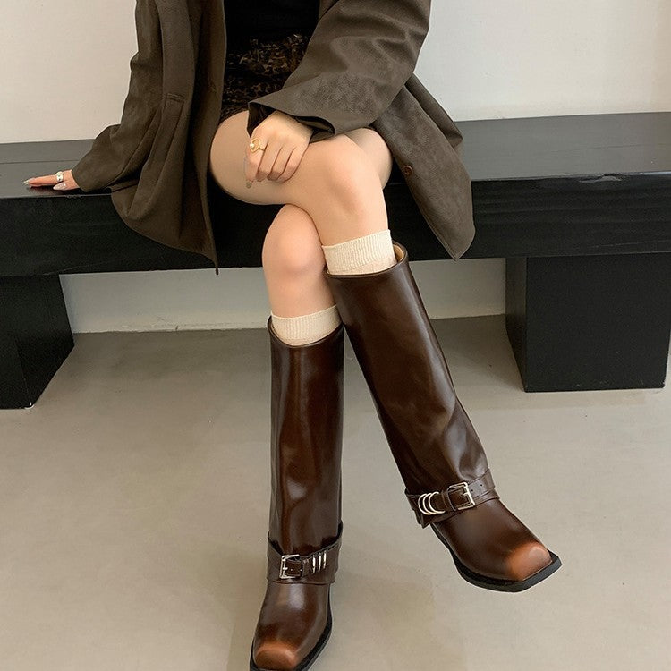 Retro Brushed Martin Female Square Toe Distressed Metal Women's Leather Boots